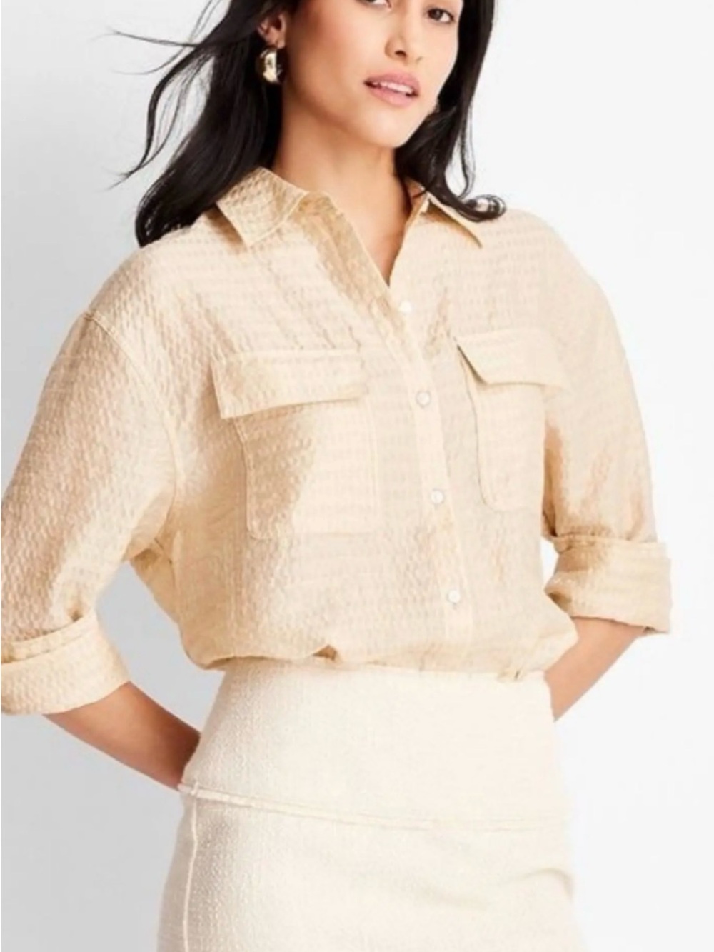 New Light Cream Textured Button-Front Blouse - Women's Top